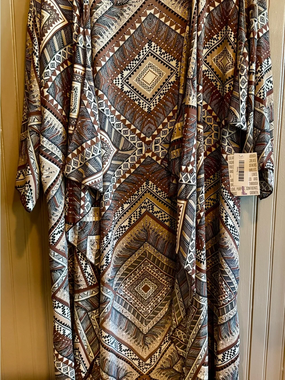 NWT LuLaRoe Printed Shirley in Brown and Cream Geometric Pattern sheer duster